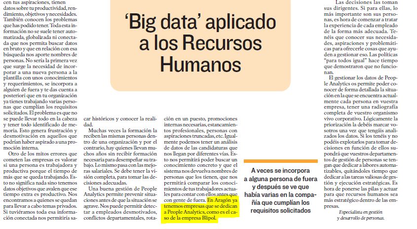 Nombran en el Heraldo a Blipol HR Analytics como empresa de referencia en People Analytics en Aragón